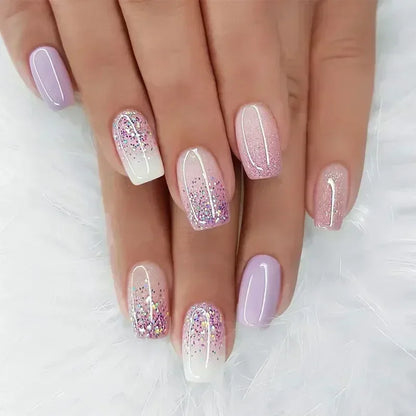 24Pcs Medium Short Square False Nails Glittering Nail Art White Wearable Fake Nail Silver French Full Cover Press on Nail Tips