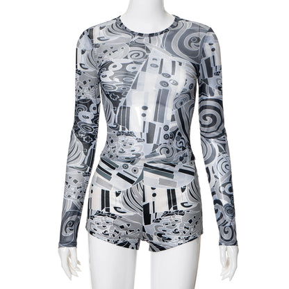 Streetwear Sexy Womens Cloting 2 Piece Set Fashion Print Mesh Sheer