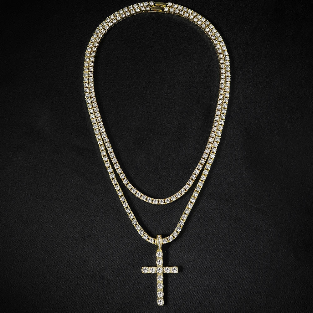 Hip Hop Iced Out Cross Pendant Necklace Strap 4mm Zircon Tennis Chain