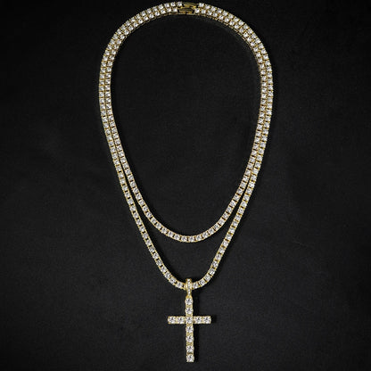 Hip Hop Iced Out Cross Pendant Necklace Strap 4mm Zircon Tennis Chain