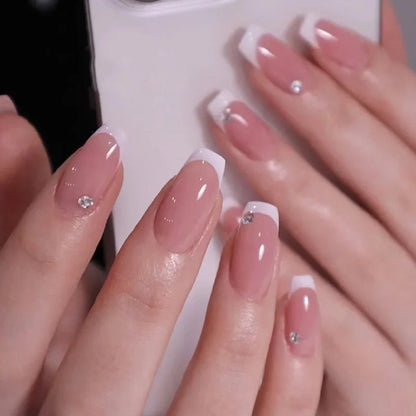 24Pcs Short Square False Nails Simple French Fake Nails Press on Nails Full Cover Nail Tips Detachable DIY Manicure