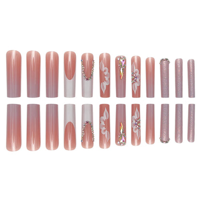 24 Piece Long Coffin Style Glossy Gradient&flower Pattern 3D Rhinestone Decoration Complete Set of Abs Fake Nail Set