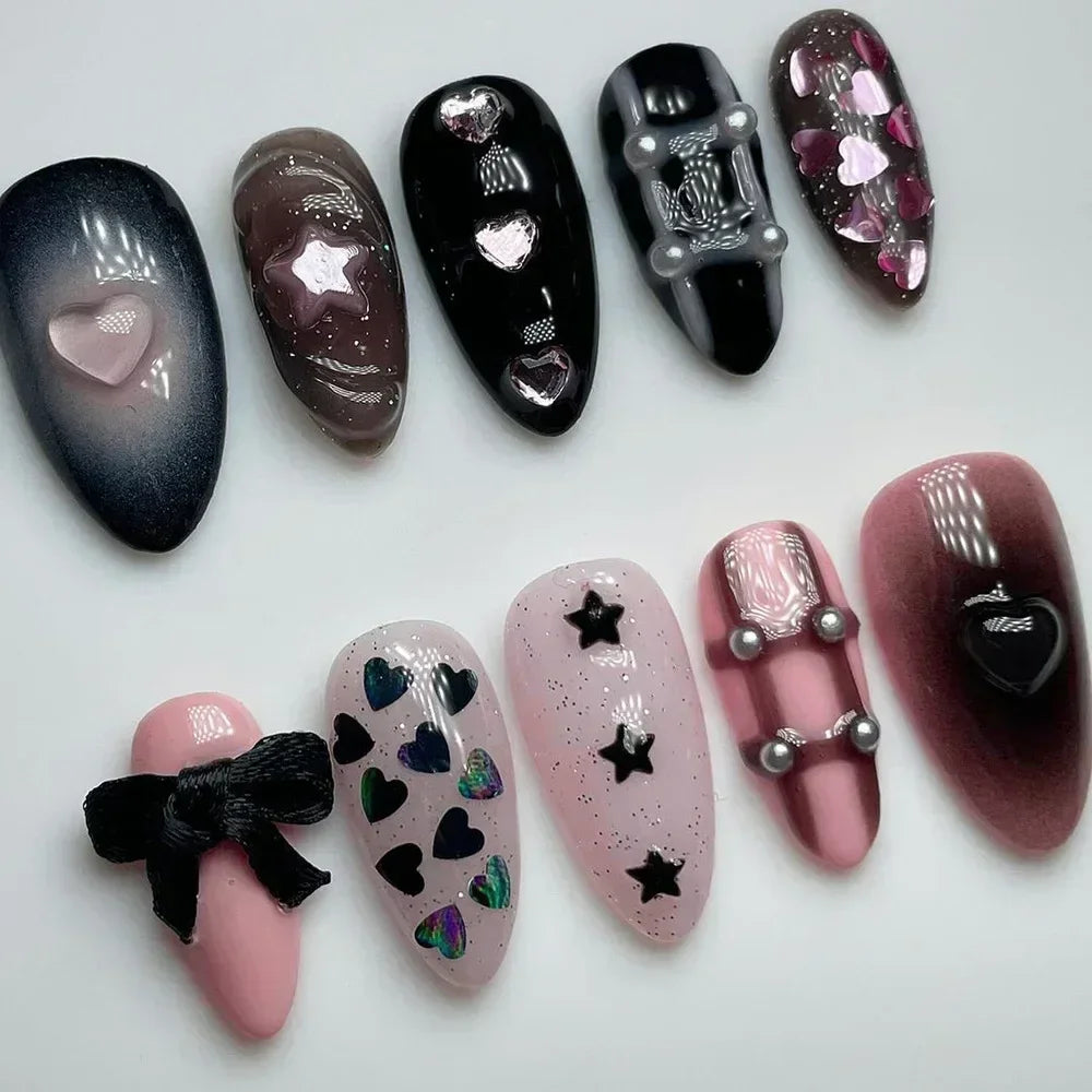 24Pcs Pink Almond French Press on Nails With 3D Bow ripple charms Design Fake Nails Ballerina False Nails Full Cover Nail Tips