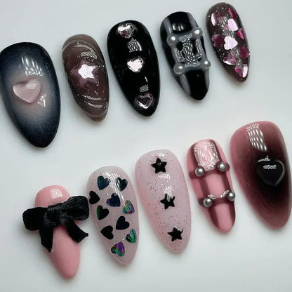 24Pcs Pink Almond French Press on Nails With 3D Bow ripple charms Design Fake Nails Ballerina False Nails Full Cover Nail Tips