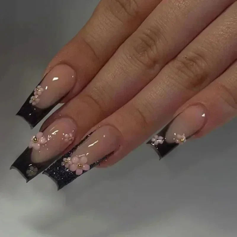24Pcs False Nails Long Coffin Ballet French with Rhinestones Wearable Fake Nails Blue Flower Full Cover Press on Nails Tips Art