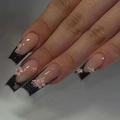 24Pcs False Nails Long Coffin Ballet French with Rhinestones Wearable Fake Nails Blue Flower Full Cover Press on Nails Tips Art