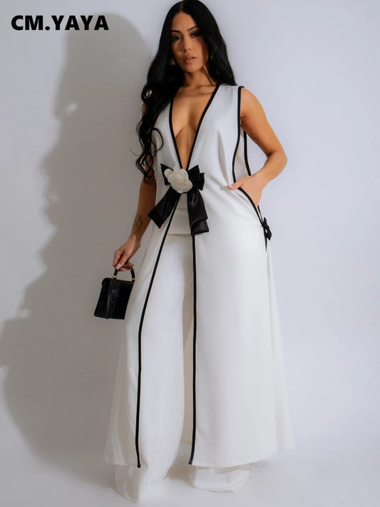 3D Flower Sleeveless V-neck X-long Shirt Coats + Wide Leg Pants Fashion