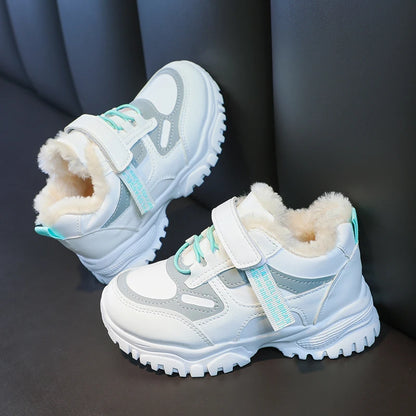 Girls Running Shoes Thick Soft Sole Students Sneakers with Fur Winter New Children Sports Shoes Non-slip Hook&loop Trendy