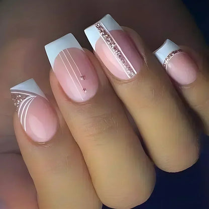 24Pcs Short Square French False Nails with Flower Shiny White Edge Design Pink Glitter Fake Nails Full Cover Press on Nails Tips