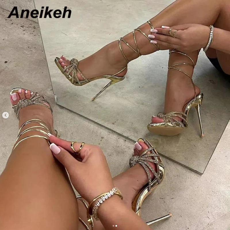 Aneikeh 2025 New Fashion Concise Square Open Toe Narrow Band Ankle Cross-Tied Thin High Heel