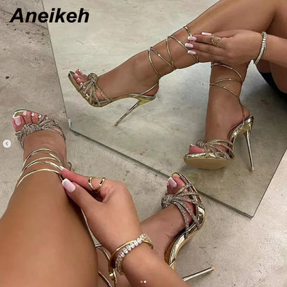 Aneikeh 2025 New Fashion Concise Square Open Toe Narrow Band Ankle Cross-Tied Thin High Heel