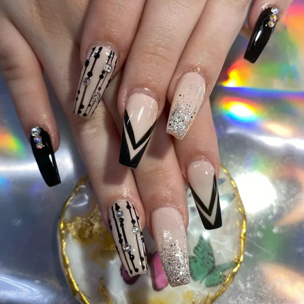 24Ps Super Long Ballet Wearable Fake Nails Blue Diamond Small Flower Press on Nail Stickers Finished Removable False Nail Pieces
