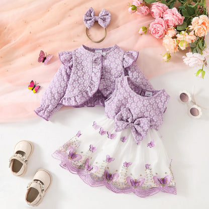 Baby Dresses Birthday Party Costume Pink Jacquard Cardigan Coat and Lace Butterfly Dress For Girls Newborns Infants Clothes