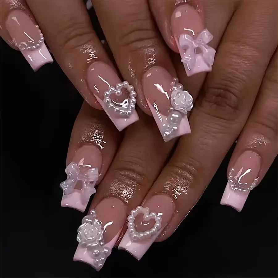 24pcs Artifical Bails With Glue Fake Nail Tips With Design Detachable Press On Nails Long Fake Nail Finished Nail Piece Sticker