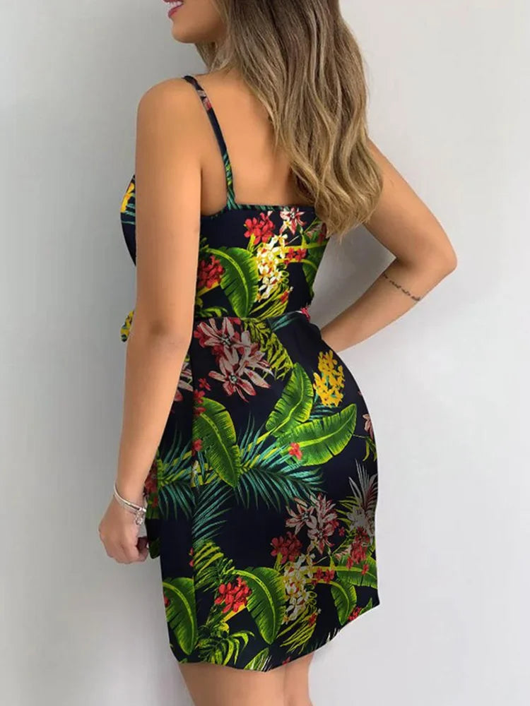 Tropical Print V-Neck Wrap Casual Dress Women Sleeveless Mini Dress