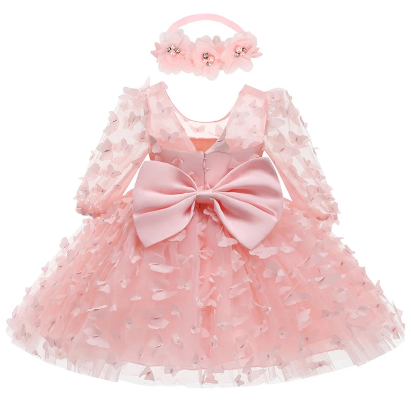 0-24M Baby girl dress full moon baptism dress mesh fluffy princess dress three-dimensional flower bow