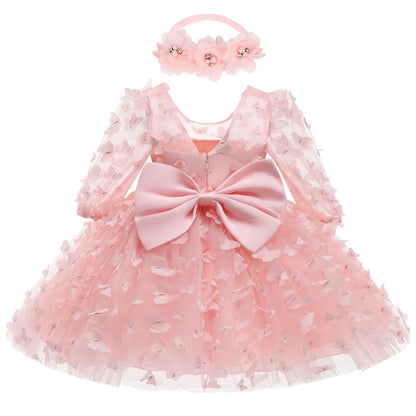 0-24M Baby girl dress full moon baptism dress mesh fluffy princess dress three-dimensional flower bow