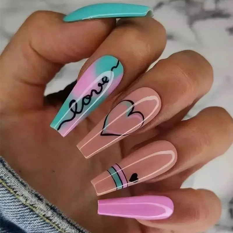 24Ps Super Long Ballet Wearable Fake Nails Blue Diamond Small Flower Press on Nail Stickers Finished Removable False Nail Pieces