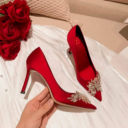 Wedding shoes, red high heels, slim heels, spring/summer/autumn new Korean version pointed toe bride shoes, high heels