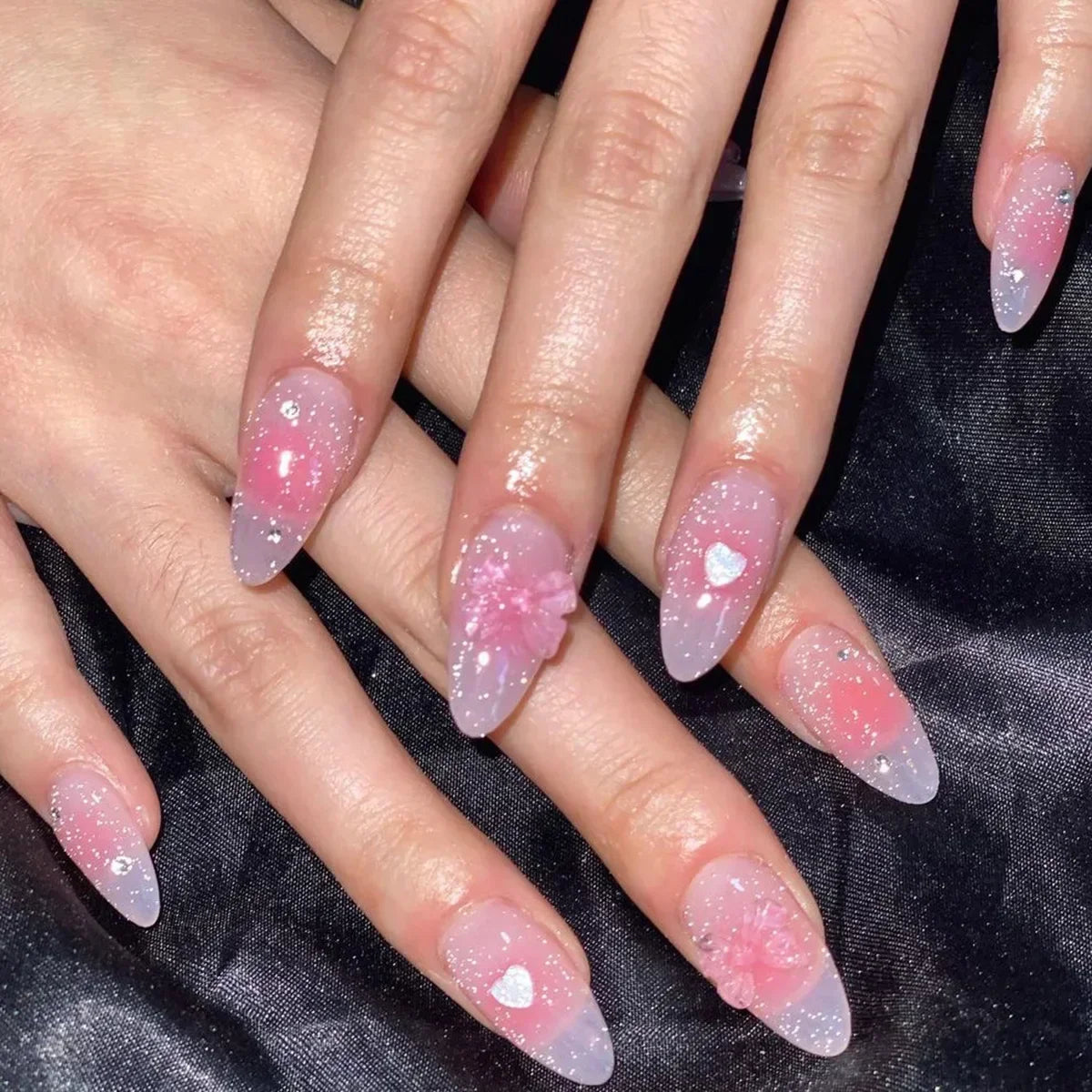 24Pcs Pink Almond French Press on Nails With 3D Bow ripple charms Design Fake Nails Ballerina False Nails Full Cover Nail Tips