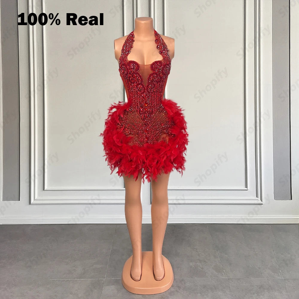 Luxury Rhinestone Black Girls Short Prom Dresses See Through Red Diamond Feathers Dress