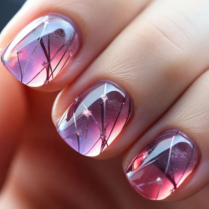 24pcs Short Square False Nails Glitter Flower Wave French Fake Nails Manicure Full Cover Detachable Nail Tips Press on Nails