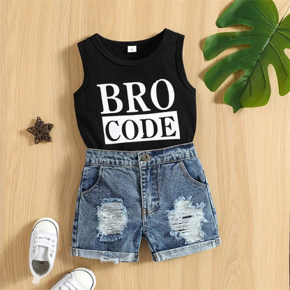 0-3Y Baby Boys Summer Clothes Set Kids Short Sleeve Letter T-shirt + Denim Short Pants Toddler Casual Outfits