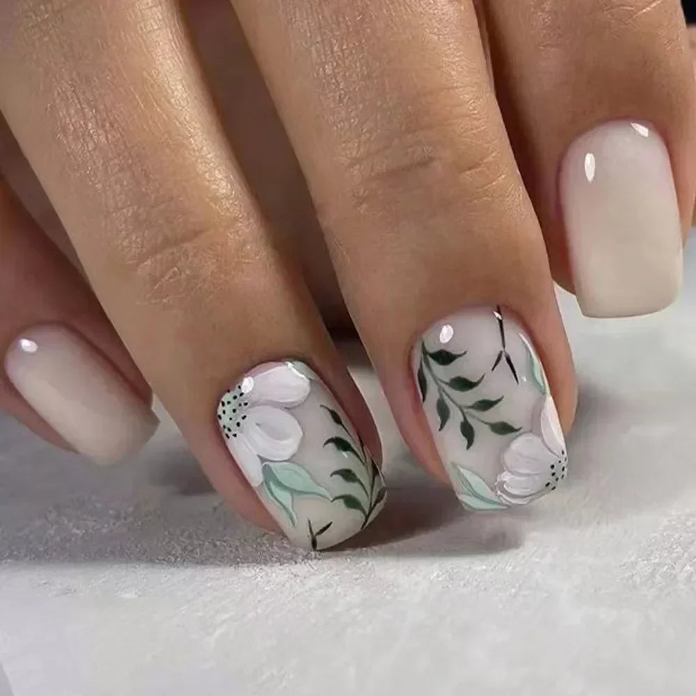 24Pcs French Tip  Press on Nails Short Coffin False Nails Simple Wearable Fake Nails Frosted Full Cover Press on Nail Tips Art