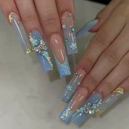 24Pcs Long Ballerina False Nails Press on Nails Serpentine Flower with Rhinestones French Fake Nails Wearable White Nail Tips