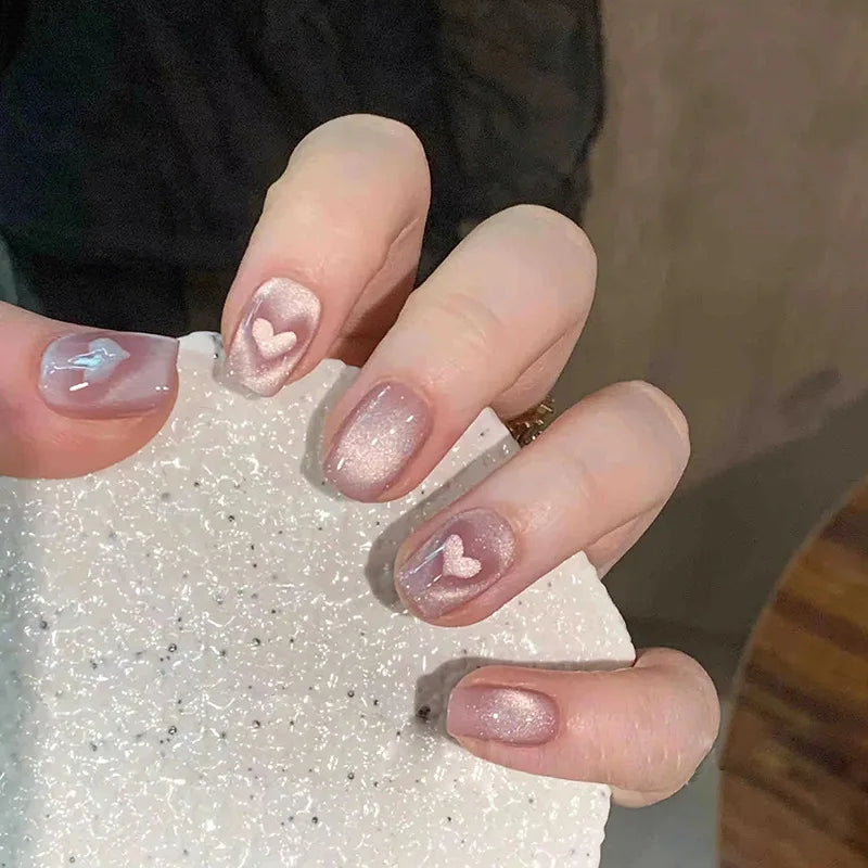 24Pcs Wearable French Fake Nails with Glue Simple Square False Nail Pink Short Detachable Press on Nail Tips Nude Manicure