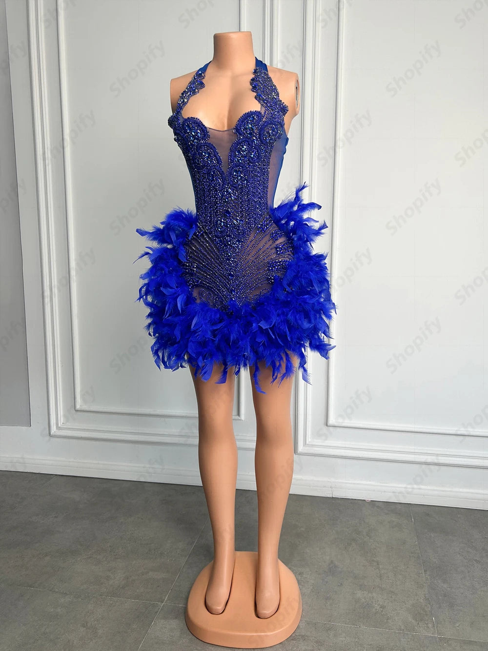 Luxury Rhinestone Black Girls Short Prom Dresses See Through Red Diamond Feathers Dress