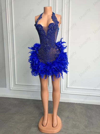 Luxury Rhinestone Black Girls Short Prom Dresses See Through Red Diamond Feathers Dress