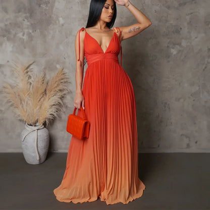 Gradient Color Tie Up Stap Sleeveless Pleated Backless Maxi Dress