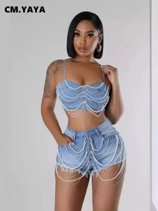 Denim Strapless Pearl Beading Top + shorts Sets