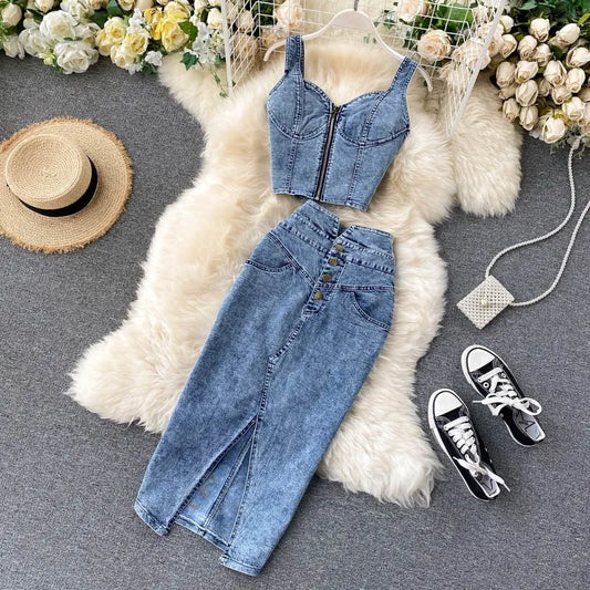denim 2 piece set outfits summer top and skirt two piece set