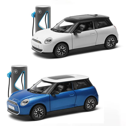 1/28 Mini Cooper Alloy Car Model Diecast Metal New Energy Vehicles Car Model Simulation Sound and Light Collection Kids Toy Gift