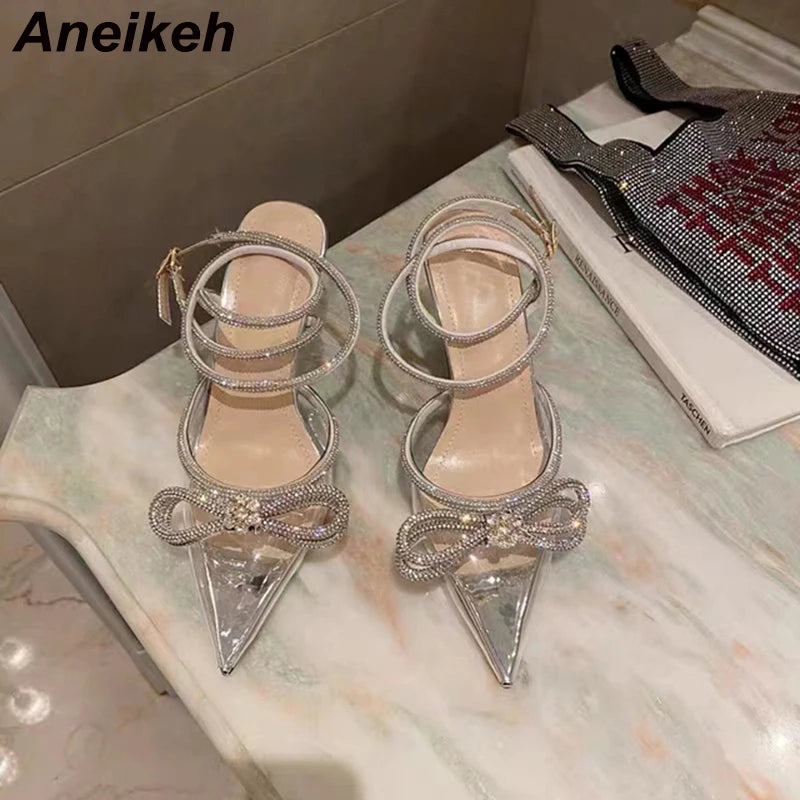 Aneikeh Spring/Autumn 2025 Women's Shoes Fashion Butterfly-Knot Narrow Band Bling Patchwork Cross-Tied Crystal Pointed Toe Pumps
