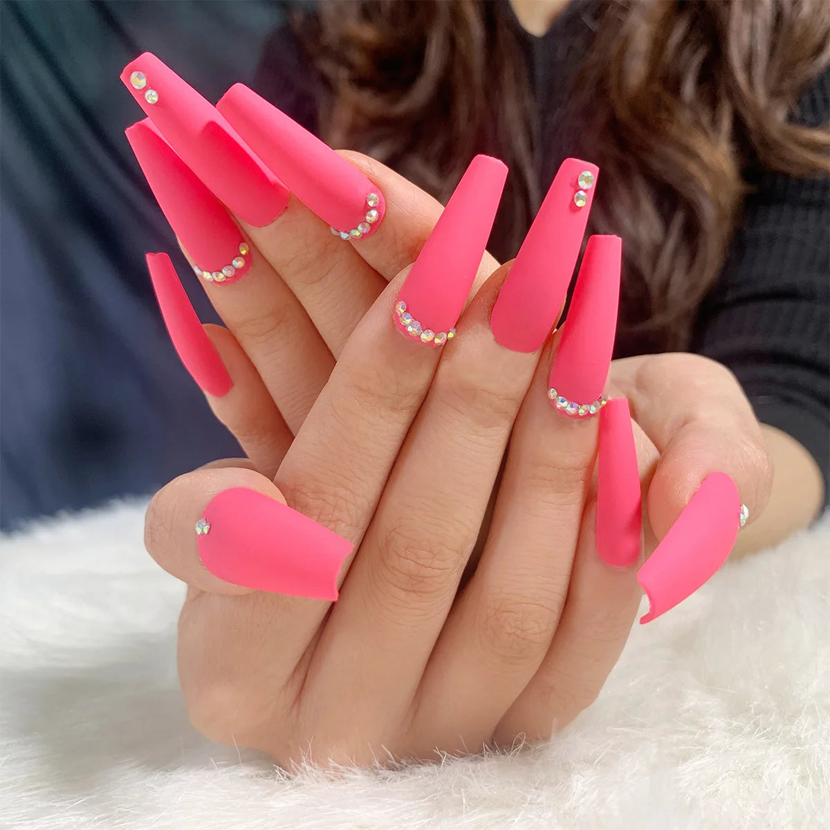 24Ps Super Long Ballet Wearable Fake Nails Blue Diamond Small Flower Press on Nail Stickers Finished Removable False Nail Pieces