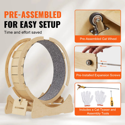 Cat Exercise Wheel Natural Wood Silent Running Toy Treadmill Roller Wheel with Detachable Carpet for Most Cats Pet Fitness