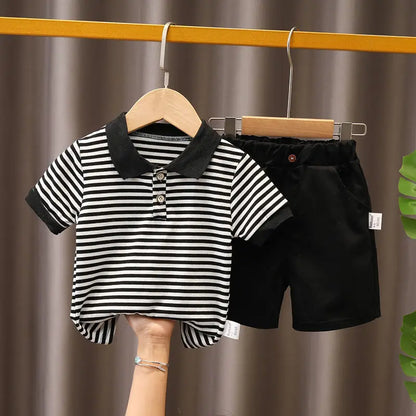 Boys Summer Sets Children Lapel Striped Top Solid Colour Trousers Two-Piece New Baby Fashion Casual Suit 12M-5 Years Old