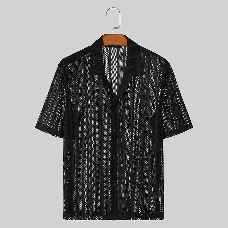 INCERUN Men's Shirt Mesh Transparent Lapel Short Sleeve