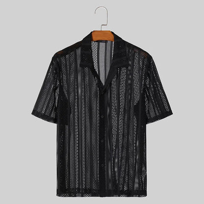 INCERUN Men's Shirt Mesh Transparent Lapel Short Sleeve