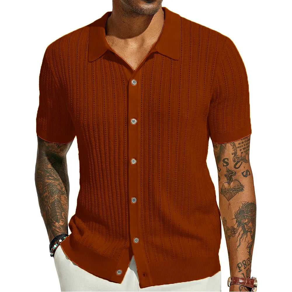 2025 New Men's Casual Tops Summer Cool Knitted Men's Shirts Short-sleeved Lapels Solid Color Hollow Breathable Clothing