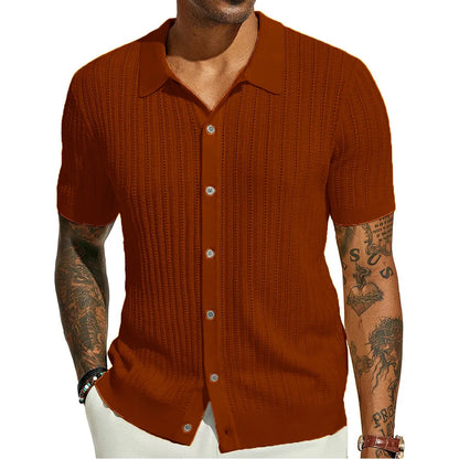 2025 New Men's Casual Tops Summer Cool Knitted Men's Shirts Short-sleeved Lapels Solid Color Hollow Breathable Clothing