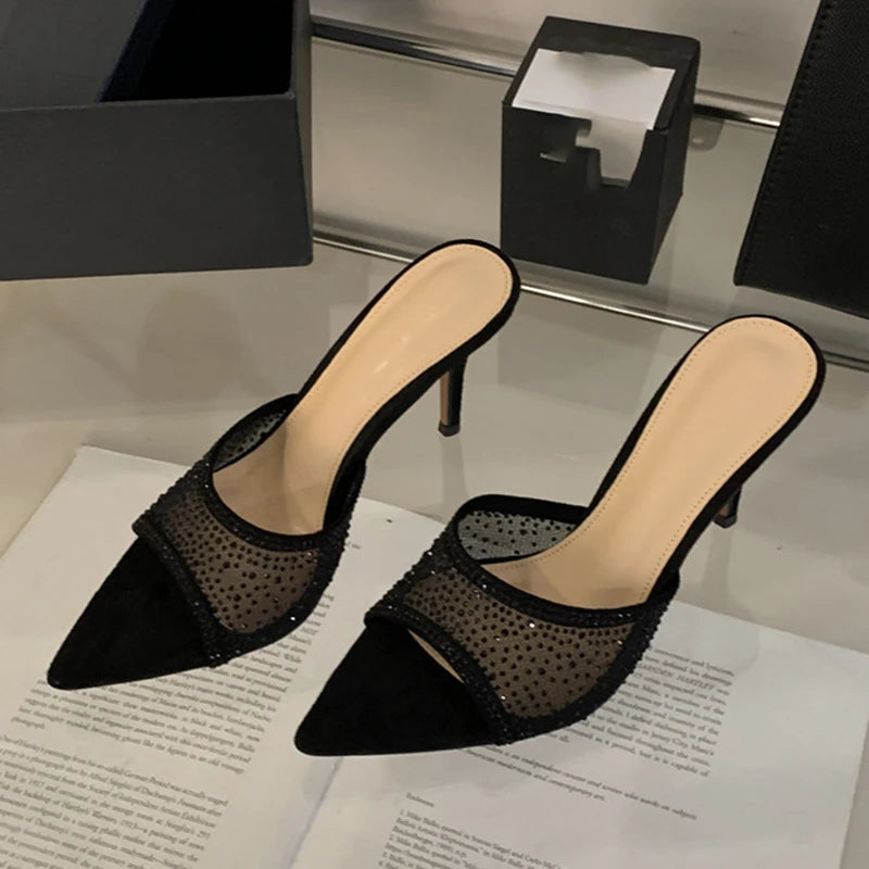 Aneikeh Pointed Toe Mesh Rhinestone Slippers Elegant Woman Heels Outdoor Summer Mules Stiletto Heels Sandal Chanclas Mujer