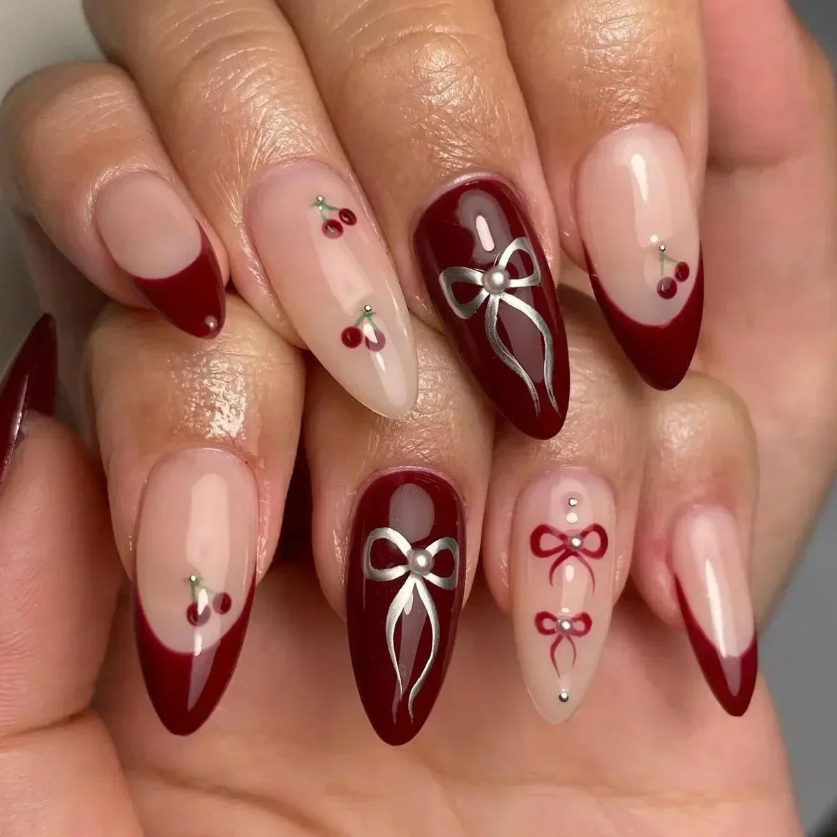 24Pcs Pink Almond French Press on Nails With 3D Bow ripple charms Design Fake Nails Ballerina False Nails Full Cover Nail Tips