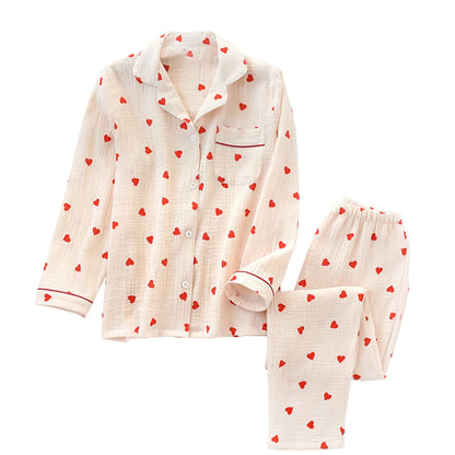2pc Cotton Pajamas Set Women's Sweet Little Love Cute Two Piece Pijama Jacket Shirts & Long Pant Loungewear Cozy Crepe Homewear