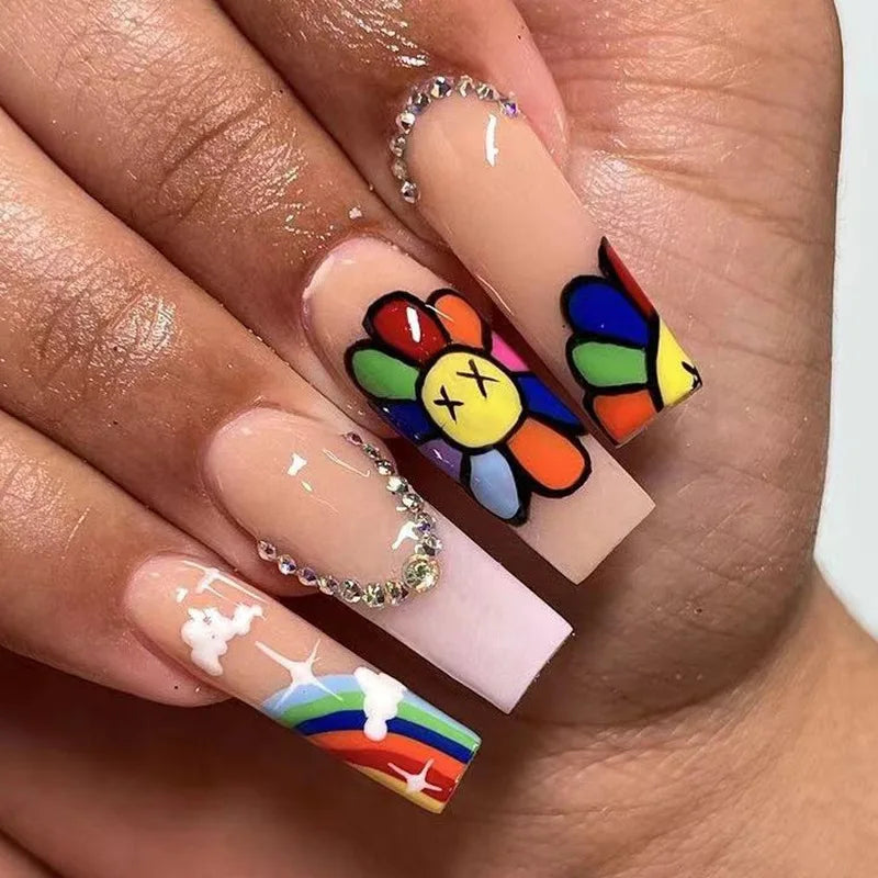 24Ps Super Long Ballet Wearable Fake Nails Blue Diamond Small Flower Press on Nail Stickers Finished Removable False Nail Pieces