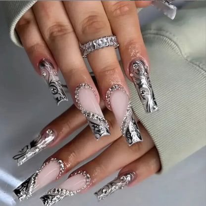 24Pcs White Butterfly False Nails Long Ballet Coffin Pearls with French Design Wearable Fake Nails Full Cover Press on Nail Tips