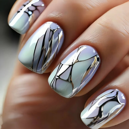 24pcs/set short square Glossy Medium Ballerina Fake Nails jellyfish blue sea wave flowers geometric design press on false nail